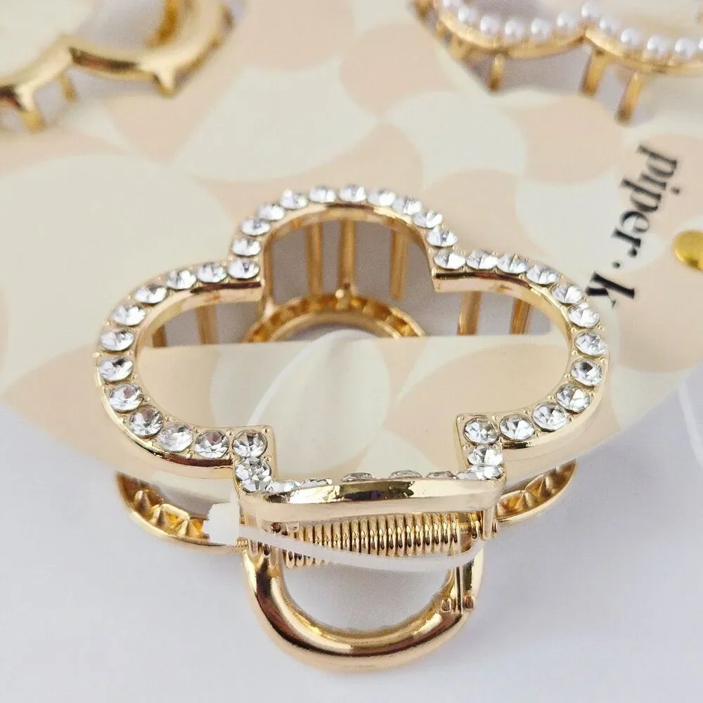 3 Pc Piper K Hair Clip Gold Tone Clover Shape Set Metal Jaw Clip Boho Elegant